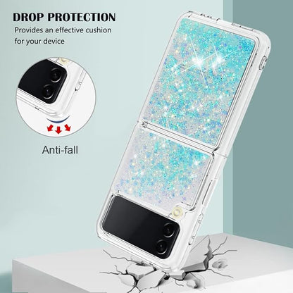 Galaxy Z Flip 4 Shockproof Cover Silicone, Girls Women Bling Moving Liquid Floating Sparkle Quicksand Protective TPU Waterfall Slim Phone Cover Glitter Back Bumper Compatible with Samsung Z Flip 4