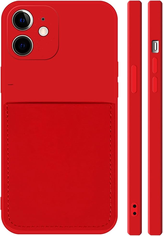 Ultra Slim Liquid Silicon Gel Case Compatible for iPhone 12 Mini 5.4 inch 2020 with Card Holder Sleeves Slot Anti-Scratch Shockproof Wallet Cover with Screen Protector (Red)