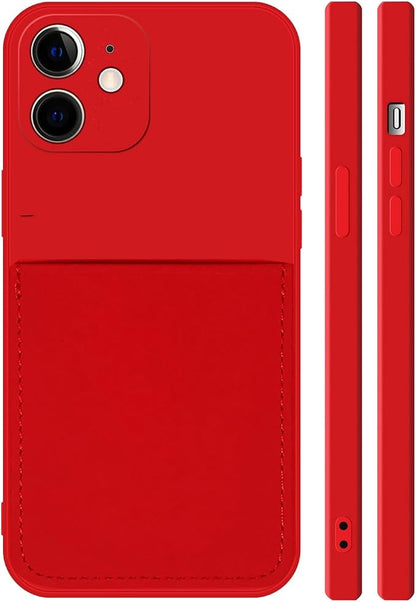 Ultra Slim Liquid Silicon Gel Case Compatible for iPhone 12 Mini 5.4 inch 2020 with Card Holder Sleeves Slot Anti-Scratch Shockproof Wallet Cover with Screen Protector (Red)