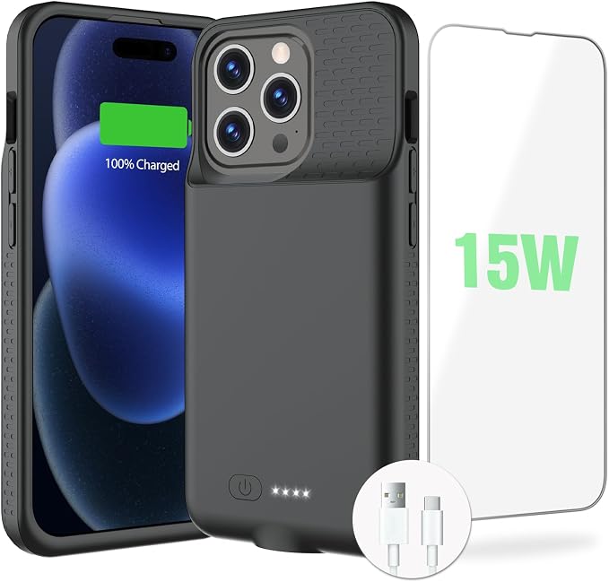 BOPPS Battery Case for iPhone 15 Pro Max /15 Plus【Support Carplay 】，Ultra Powerful 8000mAh Portable Rechargeable Protective Extended Charger Cover for iPhone 15 Plus,15 Pro Max Charging Case,Black