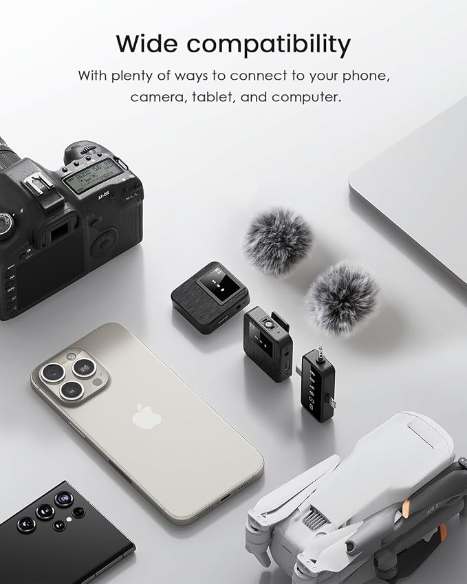 3-in-1 Compact Wireless Microphone for iPhone, Android, Camera with 20HR Battery, 328FT Range, Mini Microphone for Video Recording, Noise Canceling for Content Creators