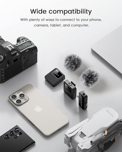 3-in-1 Compact Wireless Microphone for iPhone, Android, Camera with 20HR Battery, 328FT Range, Mini Microphone for Video Recording, Noise Canceling for Content Creators