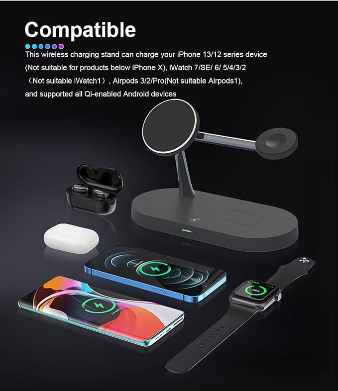 5 in 1 Magnetic Wireless Charging Stand, 15W Fast Mag-Safe Charging Station ，Design for iPhone 15/14/13/12 Series, iWatch 7/SE/6/5/4/3/2, Airpods 3/2/Pro