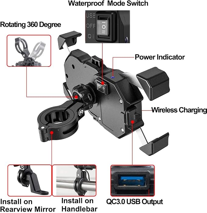 iMESTOU Motorcycle Wireless 15W Qi/USB Quick Charger 3.0 Phone Holder 2 in 1 Mount on 22-32mm Handlebar or Rear-View Mirror Fast Charging for 3.5-6.8 inch Cellphones