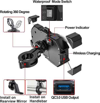 iMESTOU Motorcycle Wireless 15W Qi/USB Quick Charger 3.0 Phone Holder 2 in 1 Mount on 22-32mm Handlebar or Rear-View Mirror Fast Charging for 3.5-6.8 inch Cellphones