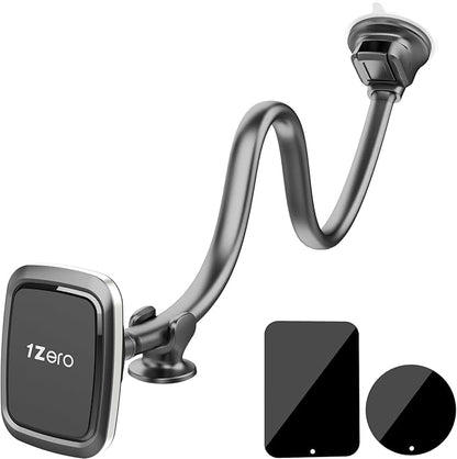 1Zero Magnetic Phone Car Mount 14-Inch Gooseneck Long Arm Extension, Universal Windshield Dashboard Industrial-Strength Suction Cup Car Phone Holder for All Cell Phones (Magnetic Phone Mount)