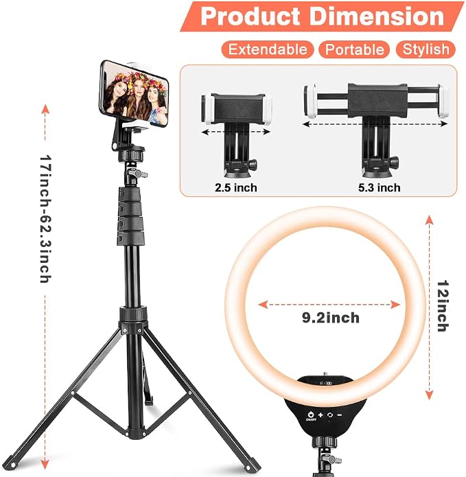 Aureday 12” LED Ring Light with Stand and Phone Holder, Video Light 3000K-6000K Dimmable Selfie Ringlight for YouTube Video/Live Stream/Makeup