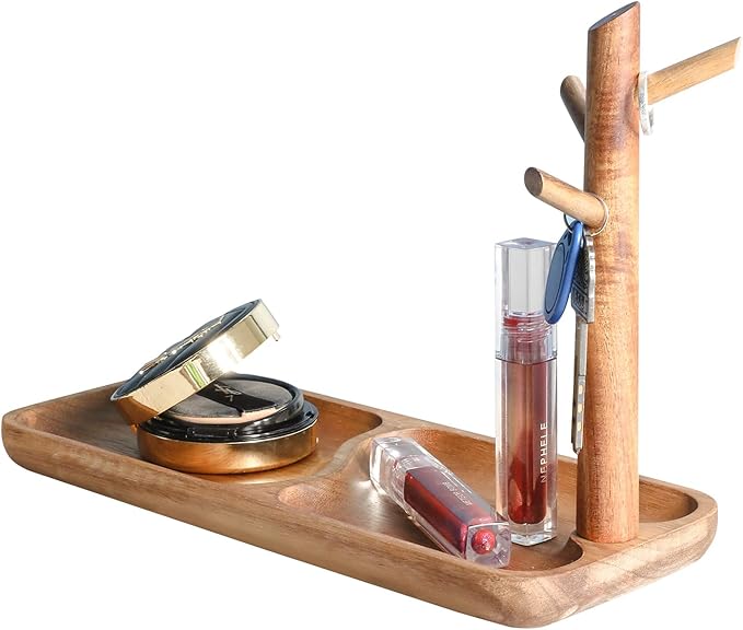 Wood Key Tray for Entryway Table, Jewelry Tray, Catchall Tray with 3 Stand Hanging Organizer, for Rings, Phone, Bracelets Watches