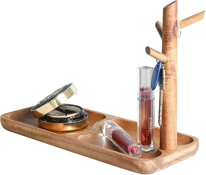 Wood Key Tray for Entryway Table, Jewelry Tray, Catchall Tray with 3 Stand Hanging Organizer, for Rings, Phone, Bracelets Watches