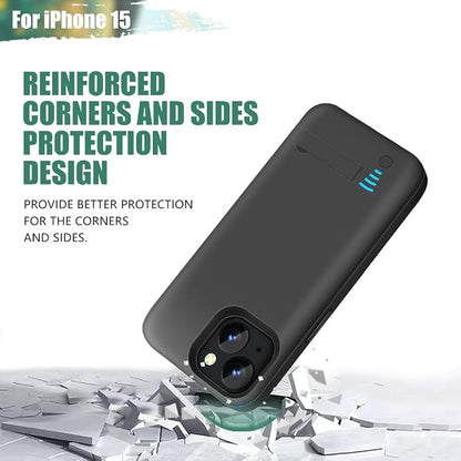 Battery Case for iPhone 15, 5000mAh Rechargeable Extended Battery Charging/Charger Case, Add 100% Extra Juice (6.1 inch) Black