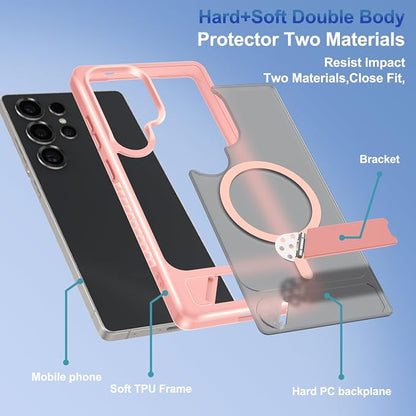 for Samsung Galaxy S25 Ultra Case with Screen Protector+Lanyard Wrist Strap,Magnetic Translucent Matte Rugged Slim Phone Cover Built in Invisible Kickstand [Fit for MagSafe],2025 Cute Pink