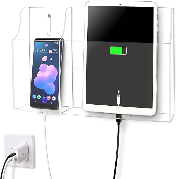 Clear Wall Tablet Holder Acrylic Wall Mounted Phone Holder for iPad, Remote Control Holder Laptop Stand for eReader Storage Caddy with Charging Holes for Kindle iPhone