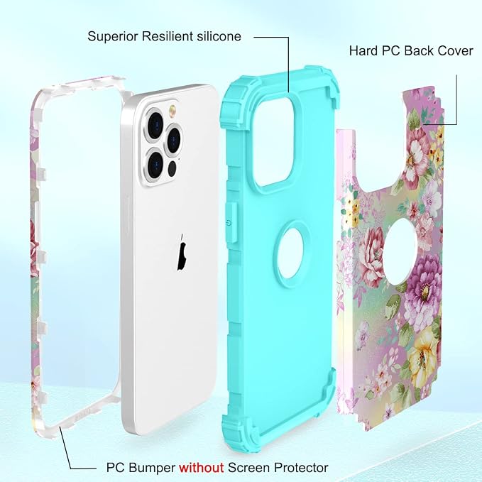 Hocase for iPhone 13 Pro Max Case, Heavy Duty Shockproof Protection Soft Silicone Rubber Bumper+Hard Plastic Hybrid Protective Case for iPhone 13 Pro Max (6.7") 2021 - Purple Florals/Teal