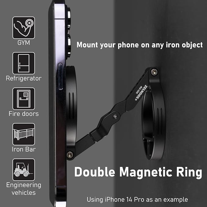 Double Magnetic Ring Phone Holder – Attach to Any Iron Surface | 1/4" Screw Hole | Compatible with iPhone 17/16/15/14/13/12 Pro Max Series & Magnetic Cases (MS-02R)