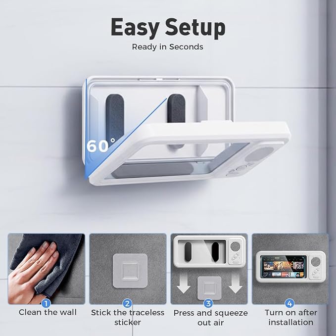 Shower Phone Holder with Wireless Bluetooth Speaker, 2025 Upgraded Shower Phone Holder with 360 Rotation, Waterproof Wall Mounted Holder for Bathroom Kitchen (1, White)