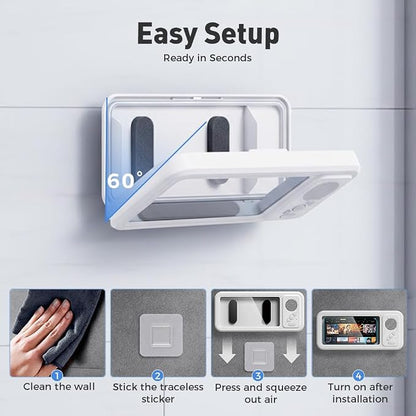 Shower Phone Holder with Wireless Bluetooth Speaker, 2025 Upgraded Shower Phone Holder with 360 Rotation, Waterproof Wall Mounted Holder for Bathroom Kitchen (1, White)