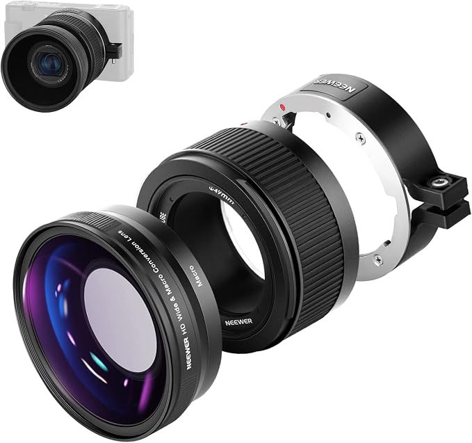 NEEWER Wide Angle Lens Compatible with Sony ZV1 Camera, 2 in 1 18mm HD Wide Angle & 10x Macro Additional Lens with Extension Tube, Bayonet Mount Lens Adapter, Cleaning Cloth (Black Frame)