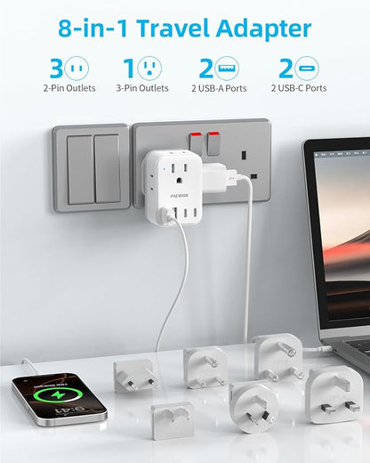 PAEWOK European Travel Plug Adapter Set, Universal Travel Adapter with 4 AC | 8-in-1 Travel Adapter, Type C/G/A/I/D/M Detachable Plugs, 4 USB Ports (2 USB C), US to EU/UK, International Power Adapter