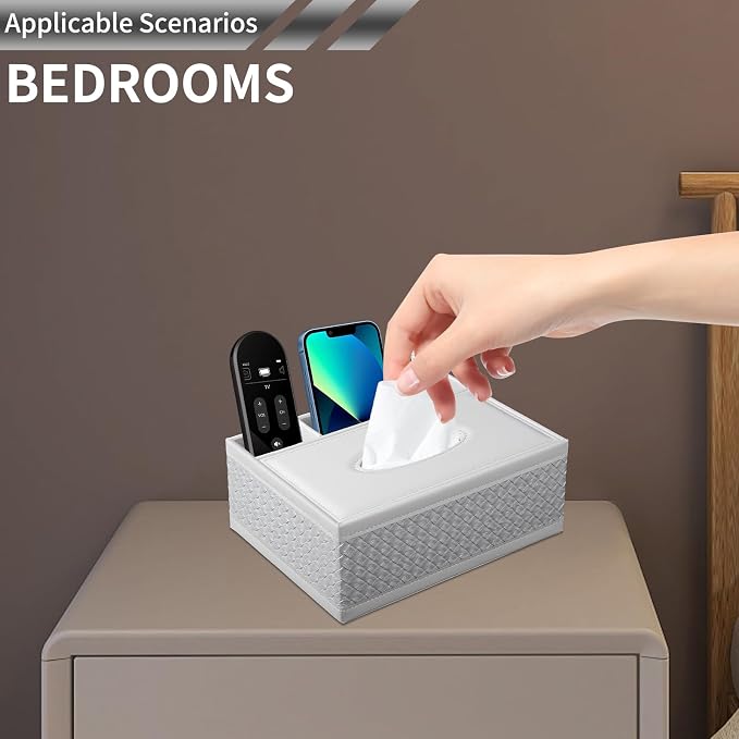 Multifunction PU Leather Tissue Box Holder with Stationery Remote Control Box, Decorative Tissue Pen Pencil Remote Organizer for Home and Office Use(White)