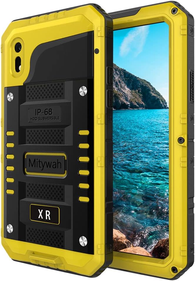 Mitywah Waterproof Case for iPhone XR, Heavy Duty Shockproof Case with Built-in Screen Protector, Full Body Underwater Protective Metal Case 6.1 inch, Yellow