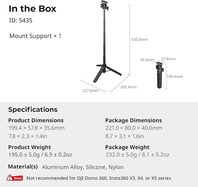 SmallRig Action Camera Selfie Stick Tripod, 7.8-21.6in Extendable, 360° Ball Head, Cold Shoe Mount, Quick Release Adapter for DJI Action 5 Pro/4, 1/4-20" Screw for Hero 13/12/11, Webcam - 5435