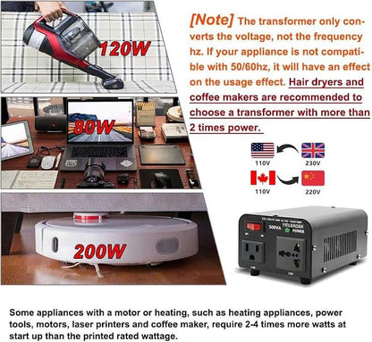 500W Voltage Transformer Power Converter 110V to 220V, 220V to 110V | Yinleader Step Up/Down Converter 110/120 Volt - 220/240 Volt w/US Power Cord [300W Continuous Power]