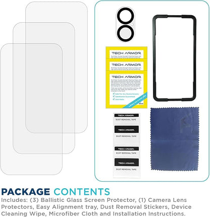 Tech Armor for iPhone 16 Plus Screen Protector Glass 6.7 inch - Ballistic Tempered, Case Friendly, Sensor Protection, HD, 9H Hardness, 3 Pack + Bonus Camera Lens Protector