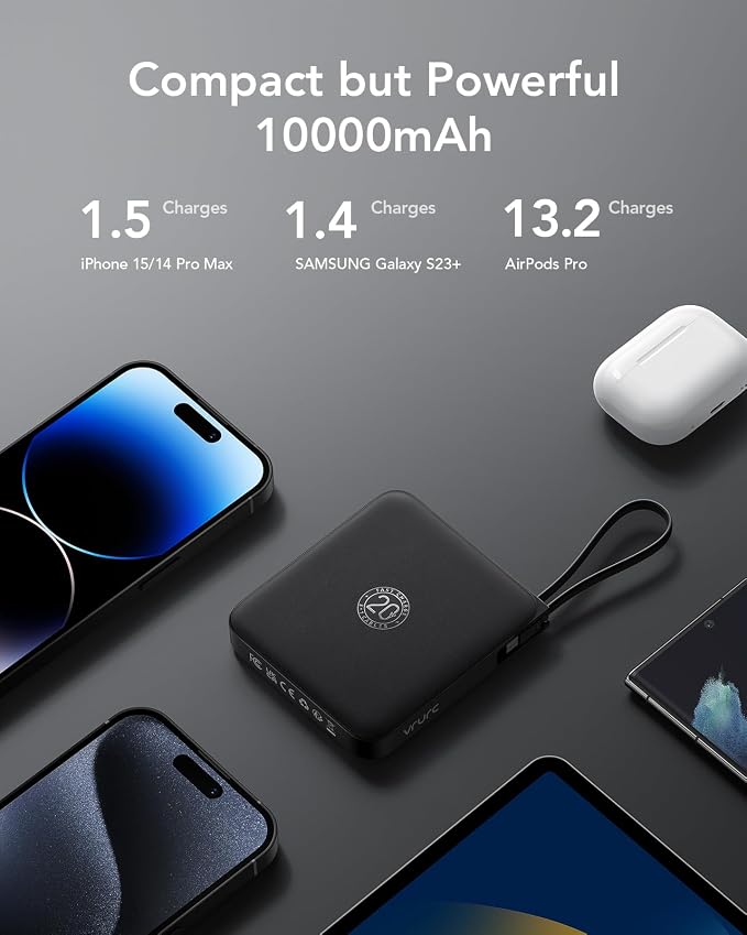 VRURC Portable Charger with Built-in Cable, 10000mAh 22.5W Fast Charging USB C Battery Pack, Cell Phone Power Bank for iPhone 17 16 15 Series Android Tablet (Black)