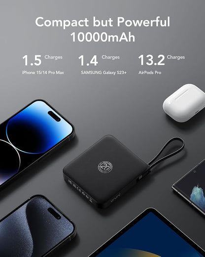 VRURC Portable Charger with Built-in Cable, 10000mAh 22.5W Fast Charging USB C Battery Pack, Cell Phone Power Bank for iPhone 17 16 15 Series Android Tablet (Black)