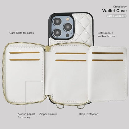 Bocasal Crossbody Wallet Case for iPhone 14 Pro Max, RFID Blocking PU Leather Zipper Handbag Purse Flip Cover, Kickstand Folio Case with Card Slots Holder Wrist Strap Lanyard 5G 6.7 Inch (White)