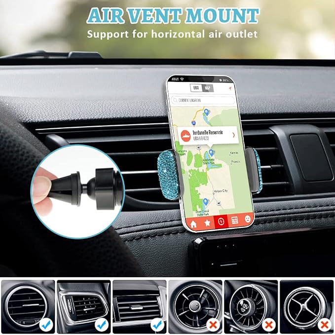eing Car Phone Mount Cell Phone Holder with One More Air Vent Base,Bling Crystal Universal Phone Mount Holder Cradle for Dashboard,Windshield and Air Vent,Blue