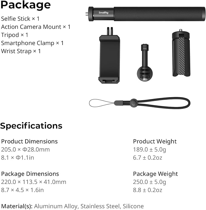 SmallRig Invisible Selfie Stick Tripod for Action Camera, 37.4in Extendable Pole with Phone Clamp for GoPro 13/12, for Insta360 X5/4/Ace Pro2, for DJI Osmo 360/Action 5 Pro/6, for AKASO & Phone - 5403