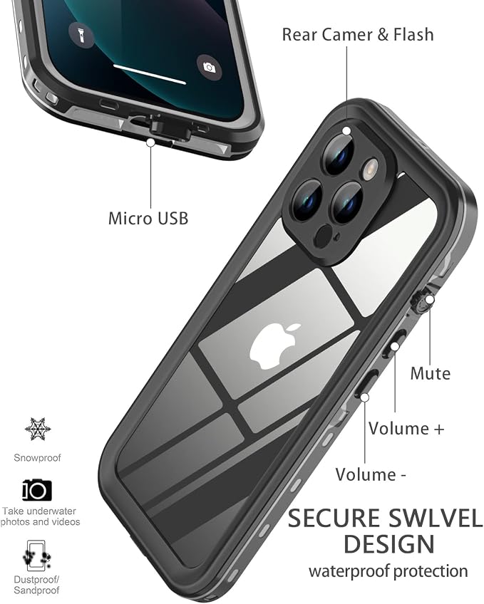 Design for iPhone 13 Pro Waterproof Case, Full Body Shockproof Case with Screen Protector, Dust Proof Phone Cover for iPhone 13 Pro 6.1 inch (Black)