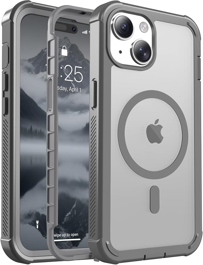 jaroco Magnetic for iPhone 15 Case, [Compatible with MagSafe][Military Grade Drop Protection][Heavy Duty Protection][Non-Slip][Shockproof] 2-Layer Durable Bumper Phone Case 6.1''-Gray