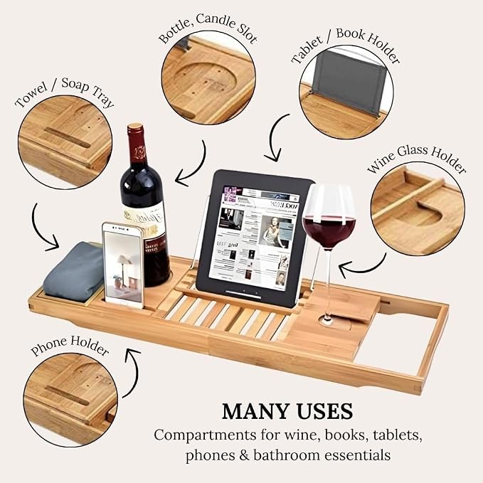 Creative Factory Luxury Bathtub Caddy Tray, Four Storage Rooms on the Board with Grey Fabric for Electronic Tablet Holder or a Book, Soap or Phone, Glass of Wine Slot (Natural Bamboo Wood Color)