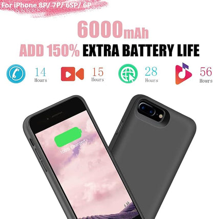 Battery Case for iPhone 8 Plus / 7 Plus / 6S Plus / 6 Plus, 6000mAh Rechargeable Extended Battery Charging/Charger Case, Adds 1.5X Extra Juice, Supports Wired Headphones