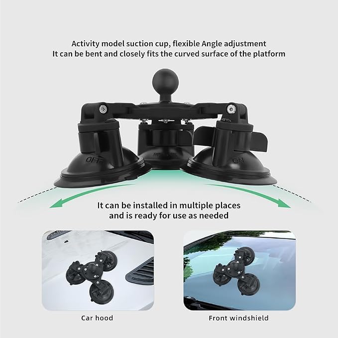 Triple Suction Cup Mount Base with 1-Inch Ball, Adjustable Base Plate, Compatible with RAM Mounts B-Size Double Socket Arms & 25mm Ball Systems
