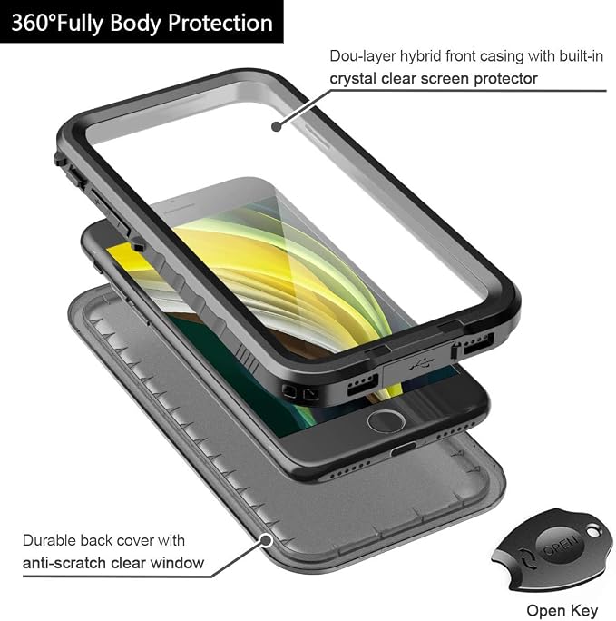 Cozycase Waterproof Case for iPhone SE 3rd 2022/SE 2nd 2020/iPhone 7/8 - Heavy Duty 360 Shockproof Full Body Rugged Military Grade Hard Water Dust Proof Cover with Built-in Screen Protective Black