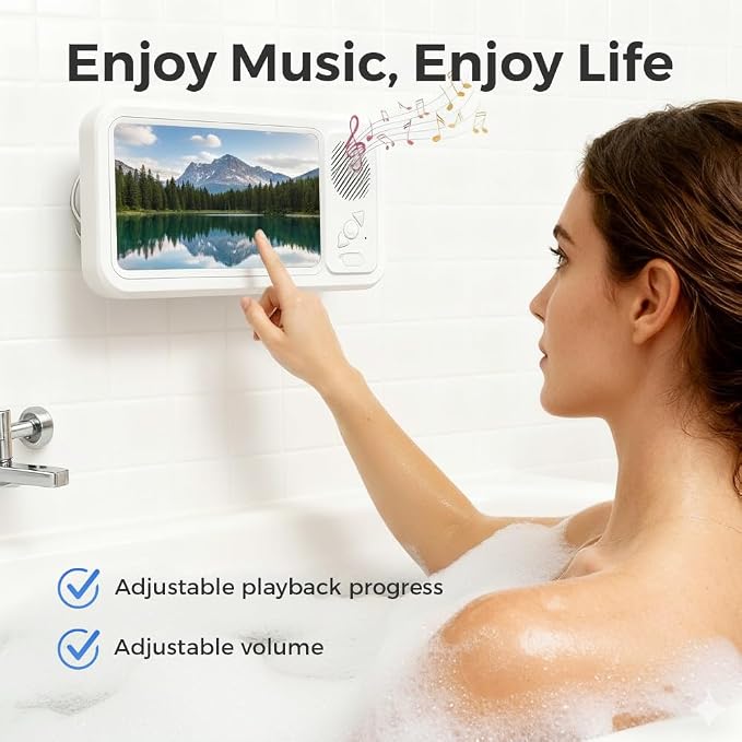 2026 Upgraded Waterproof Phone Holder with Speaker, Shower Phone Holder Waterproof Wall Mounted PhoneHolder, Built-in Smart Bluetooth Speaker, Waterproof/Fog-Resistant for Any Phone (2)