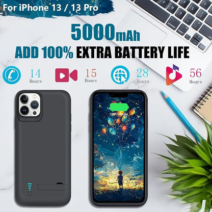 Upgraded Battery Case for iPhone 13/13 Pro, 5000mAh Rechargeable Extended Battery Charging Charger Case, Add 100% Extra Juice (6.1 Inches) Black
