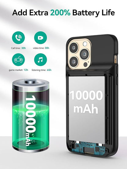 NEWDERY 10000mAh Battery Case for iPhone 14/14 Pro/13/13 Pro 6.1", Qi Wireless Charging & Wired Headset & Sync-Data Supported, Portable Protective Charger Cover