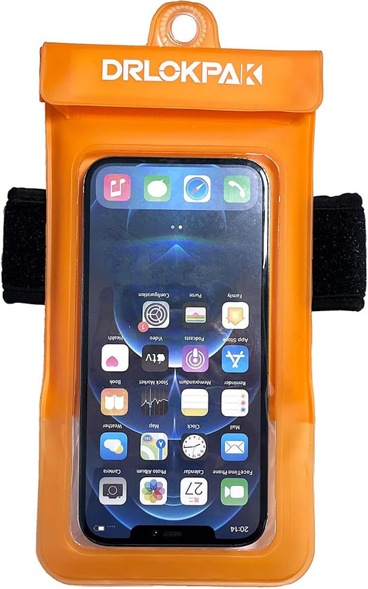 DRLOKPAK Waterproof Phone Case Armband Surfing Dry Bag Floating Waterproof Pouch Holder for iPhone 15 14 13 12 Pro Max XS Plus Se Galaxy S23 + Ultra W24 Google LG Phone up to 7inch (Orange)