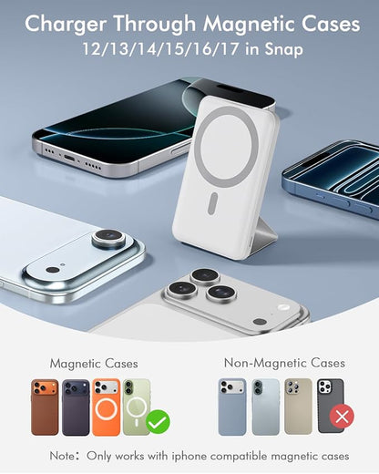 podoru for Magsafe Battery Pack, Foldable 10000mAh Magnetic Power Bank with USB-C Cable LED Display 22.5W PD Fast Charging Wireless Portable Charger for iPhone 17/16/15/14/13/12 Series-White