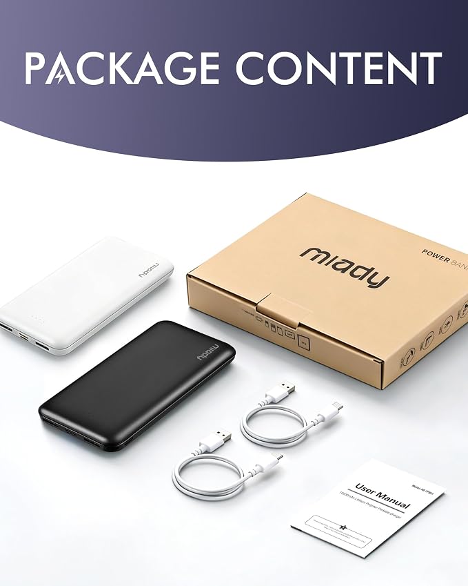 Miady 2-Pack Portable Charger, Slim 10000mAh Power Bank Travel Battery Pack | Dual USB丨3 Outputs 2 Inputs丨for Backpack Travel Camping丨Slim丨Compatible with iPhone Android etc丨Flight-Safe丨37Wh丨White+White