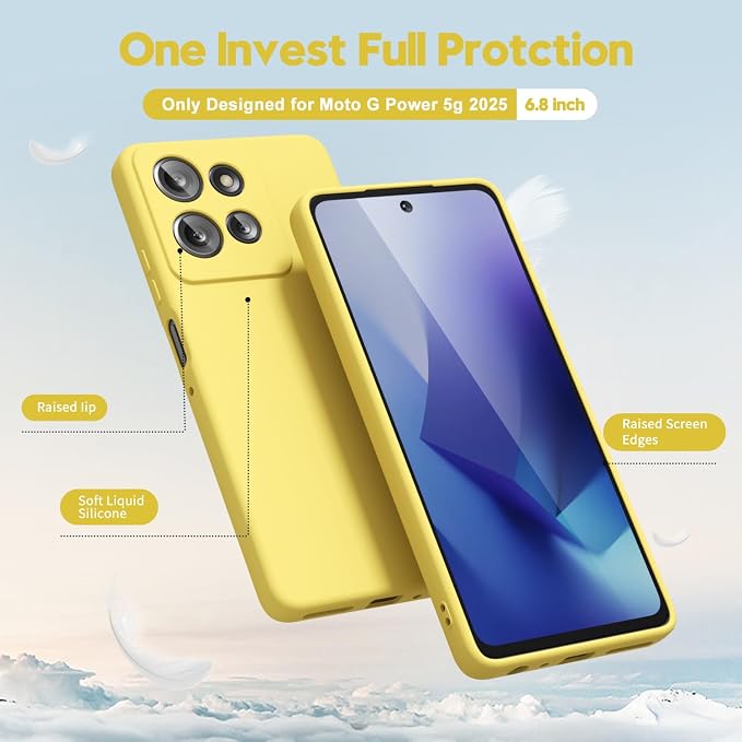 oakxco for Motorola Moto G Power 2025 Case Liquid Silicone, Cute Thin Slim Grip Soft Rubber Gel for Women Men, Smooth Matte TPU Plain Solid Color Girly Simple Case with Camera Cover, Yellow