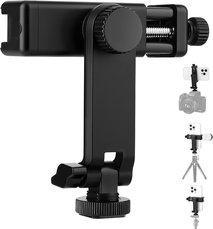 Universal Cell Phone Tripod Mount Adapter, Camera Hot Shoe Phone Holder Clamp with 360 Rotation Bracket 1/4" Screw Hole for Canon Nikon Sony DSLR iPhone Android