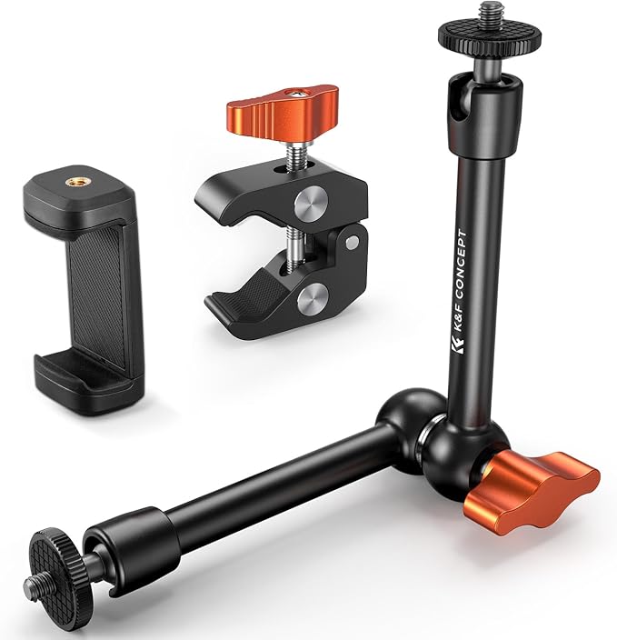 K&F CONCEPT 9.8" Magic Arm Clamp with Phone Holder, 360° Ball Heads Camera Arm Mount for Phone/LED Lights/Monitor/Flash/Microphone/DSLR Camera
