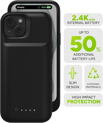 Mophie Juice Pack iPhone 15 Battery Case - Legendary Power & Protection - Up to 50% Extra Battery, 6ft Drop Safety, Eco-Friendly Design, Black