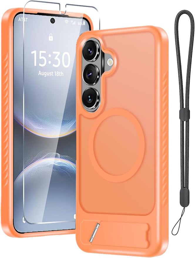 RMOCR for Samsung Galaxy S26 Case with Screen Protector+Lanyard Wrist Strap,Magnetic Translucent Matte Rugged Slim Phone Cover Built in Invisible Kickstand [Fit for MagSafe],2026 Orange