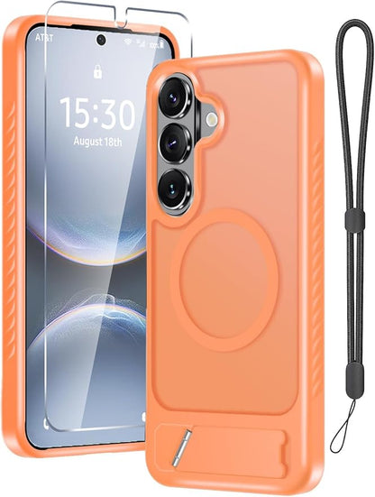 RMOCR for Samsung Galaxy S26 Case with Screen Protector+Lanyard Wrist Strap,Magnetic Translucent Matte Rugged Slim Phone Cover Built in Invisible Kickstand [Fit for MagSafe],2026 Orange